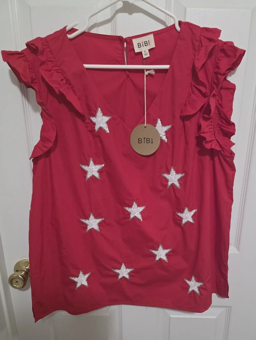 BiBi Red Ruffle Sleeve Sequin Star Appliqué Top